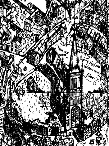 Burgplatz mit Salvatorkirche in Duisburg 1566, Johan van Kornput (Quelle: Wikipedia, gemeinfrei)