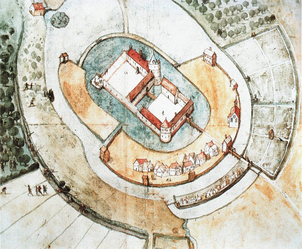 Aquarellierte Federzeichnung der Burg Raesfeld um 1590 (Quelle: Wikipedia, gemeinfrei)